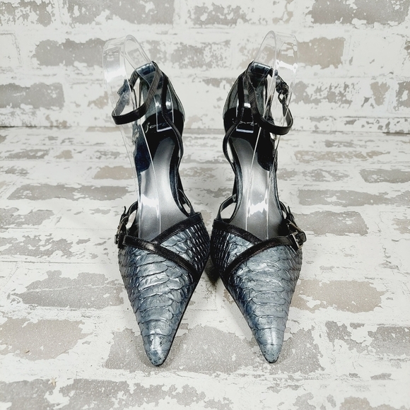 Jazz Metallic Black Blue Pointy Toe Ankle Strap Buckle Crocodile Skin Heels O623 - Picture 3 of 13